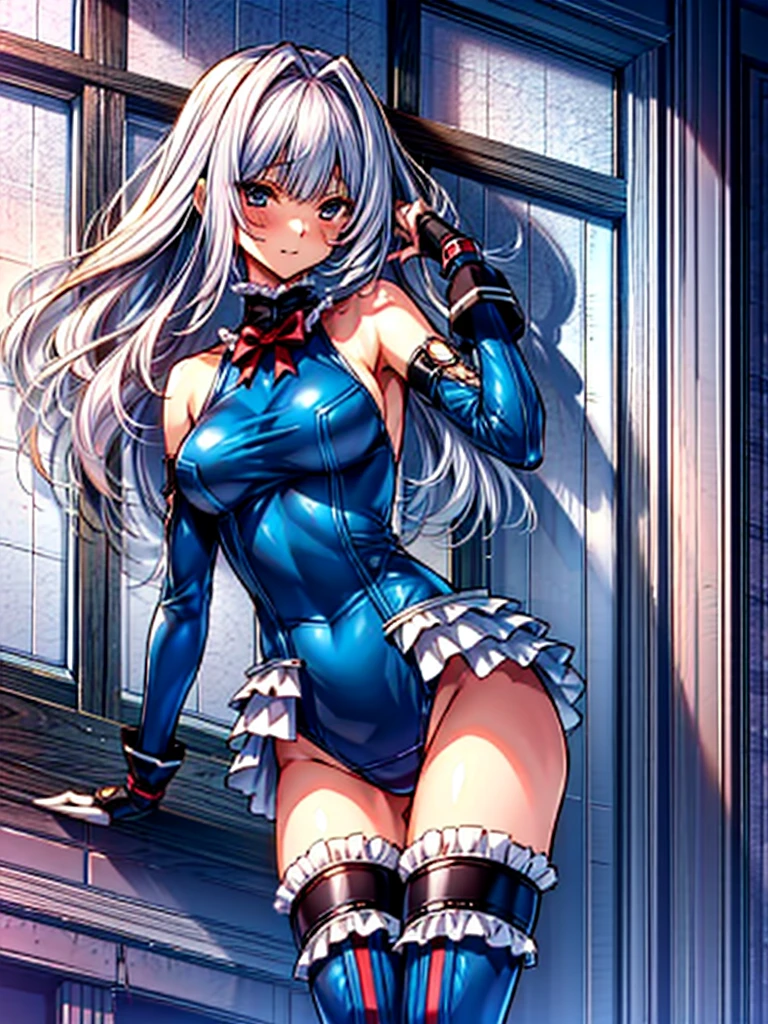 1 girl, ( (Digital) (8k ), medium breasts, (frilled swimsuit, thighhighs, detached sleeves)) , highest quality, marierose,1 girl,,,(Inside the futuristic base:1.2)