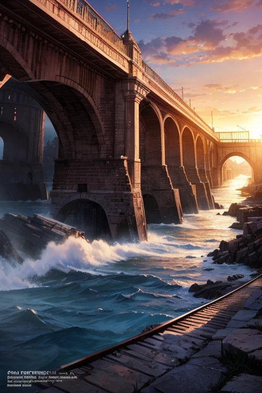 best quality,ultra-detailed,(realistic:1.37),(HDR:1.1),vivid colors,bokeh,bridge with a train on top,Attack on Titan scenery,anime scenery,animated movie screenshot,Rio de Janeiro in animated movie,anime background,2012 animated movie screenshot,beautiful anime scenes,anime scenes,beautiful and peaceful anime scenes,Chino's journey,animated movie screenshot from Attack on Titan