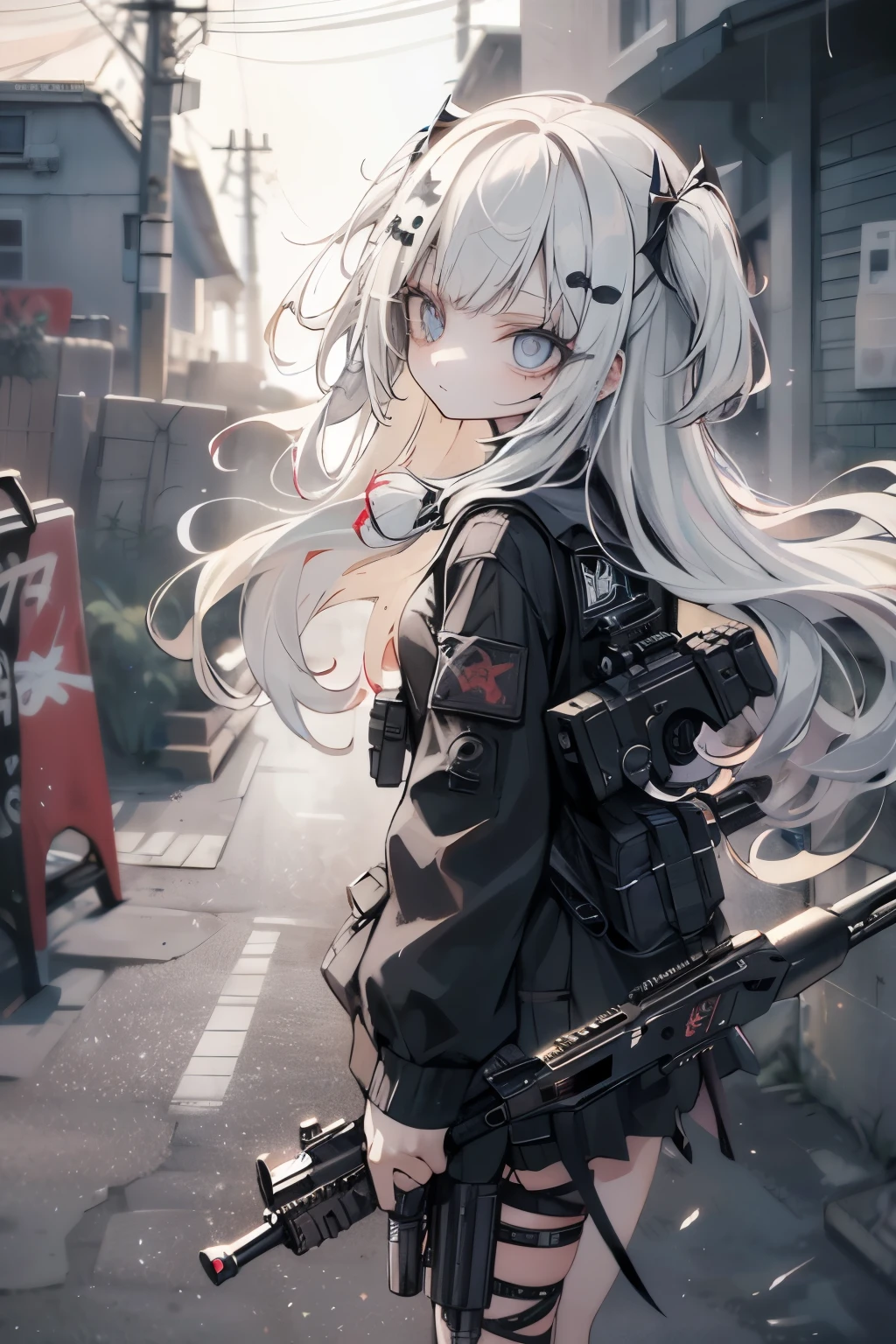 {{Masterpiece, top quality, highly detailed CG, unified 8k wallpaper, movie lighting, lens flare}}, 1 girl holding a rifle through the wall, wide view, thick body, long blonde hair soaring in the wind, green eyes, (holding a weapon, holding a rifle, aiming, aiming: 1.4), gun, h&k hk416, carbine, open fire, rubble, ruins of conflict areas, plumes, nitric smoke, blast waves, Flying bullets, sniper, 35mm, f/1.8, night, blue eyes