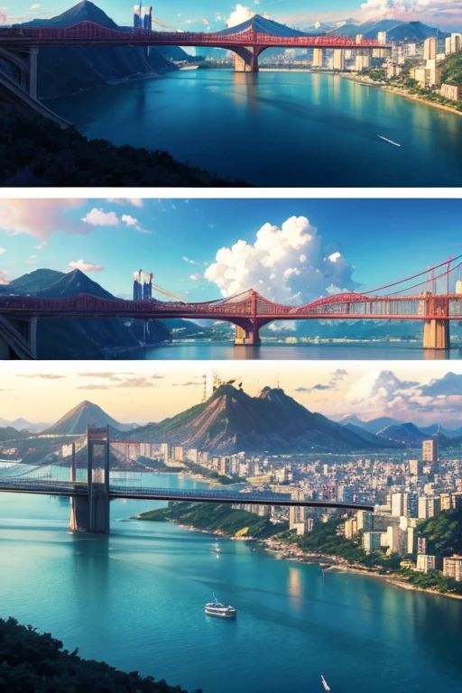Animation scene of bridge over river,The background is a mountain, screenshot from the anime film, beautiful anime scene, Anime Landscape Concept Art, anime concept hdr anime macmanus, beautiful anime scenery, Rio de Janeiro in animated films, Anime beautiful peaceful scene, Panoramic view of the entire city, Screenshot of the 2012 animation, Colorful anime background