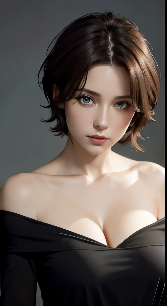 Skin Tight Black Top:1.2、look at viewer、cinematic lighting、perfect、soft light、High resolution skin:1.2、realistic skin texture、30 year old mature woman、small face、no makeup、off shoulder、Bust B Cup、 exposed cleavage、red eyes、short hair、dark brown hair、full nude、gray background、