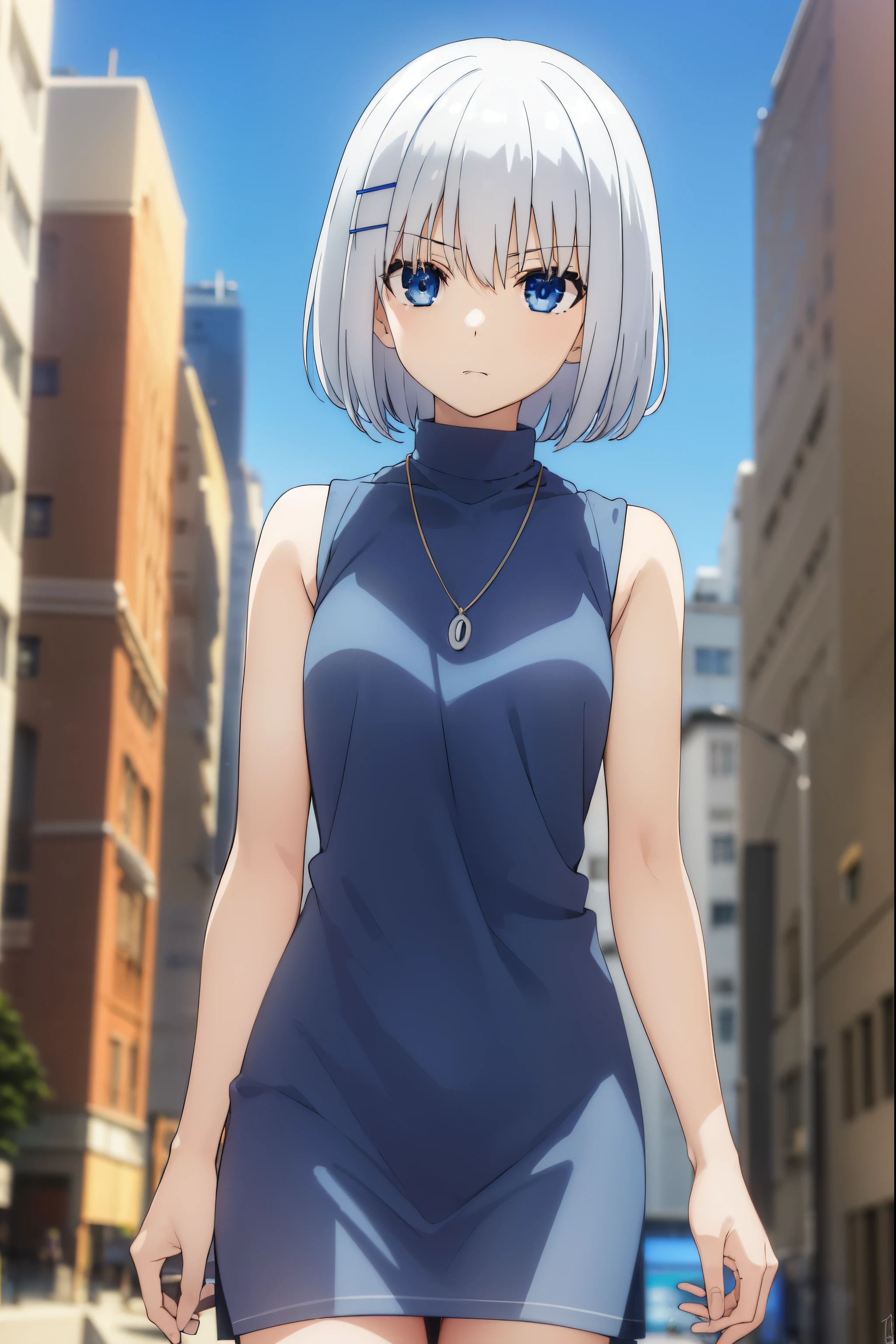 origamitobiichi, origami tobiichi casual, short hair, blue eyes, hair ornament, bare shoulders, jewelry, white hair, sleeveless, hairclip, necklace, turtleneck, sleeveless turtleneck, strap between breasts, white dress,
BREAK ,
BREAK outdoors, sky, blue sky, clouds, sun, city, buildings, crowd, people,
BREAK looking at viewer, (cowboy shot:1.5),
BREAK (masterpiece:1.2), best quality, high resolution, unity 8k wallpaper, (illustration:0.8), (beautiful detailed eyes:1.6), extremely detailed face, perfect lighting, extremely detailed CG, (perfect hands, perfect anatomy),