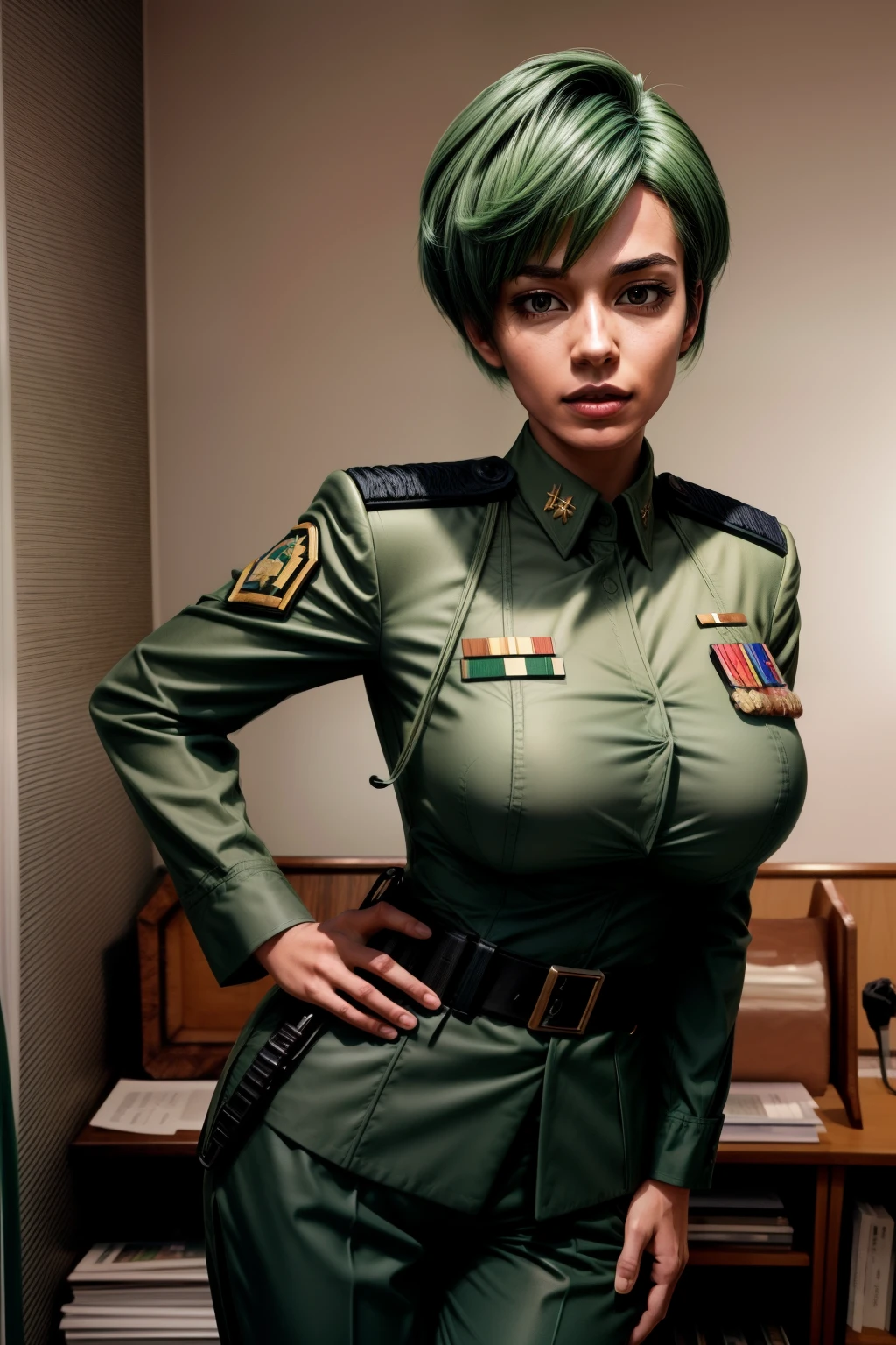 Frederica Greenhill is a 25-year-old female lieutenant with short, bright green hair. She is known for her quick strategic thinking and ability to find efficient shortcuts. Her uniform is decorated with various insignia reflecting her rank and accomplishments. She leans forward with her ample breasts gently curving, and with sharp concentration, she is ready to take on the next mission. She wears a pants-style uniform.