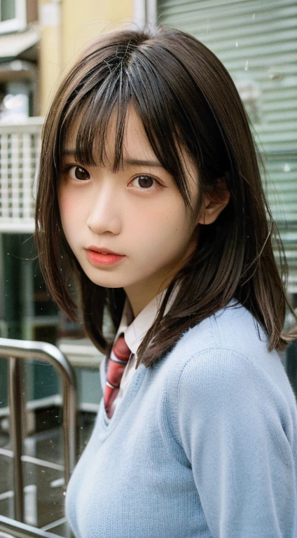 (masterpiece:1.4), (8K, realistic, RAW photo, highest quality: 1.4), Japanese, (1 girl), beautiful face, (realistic face:1.4), (very detailed髪:1.3), beautiful hairstyle, realistic eyes, beautiful and fine eyes, (realistic skin:1.3), beautiful skin, Charm, ultra high resolution, surreal, very detailed, golden ratio, (detailed face:1.4), (Realistic medium breasts:1.4), (school uniform:1.5),(heavy rain street1.3),soaking wet skin hair