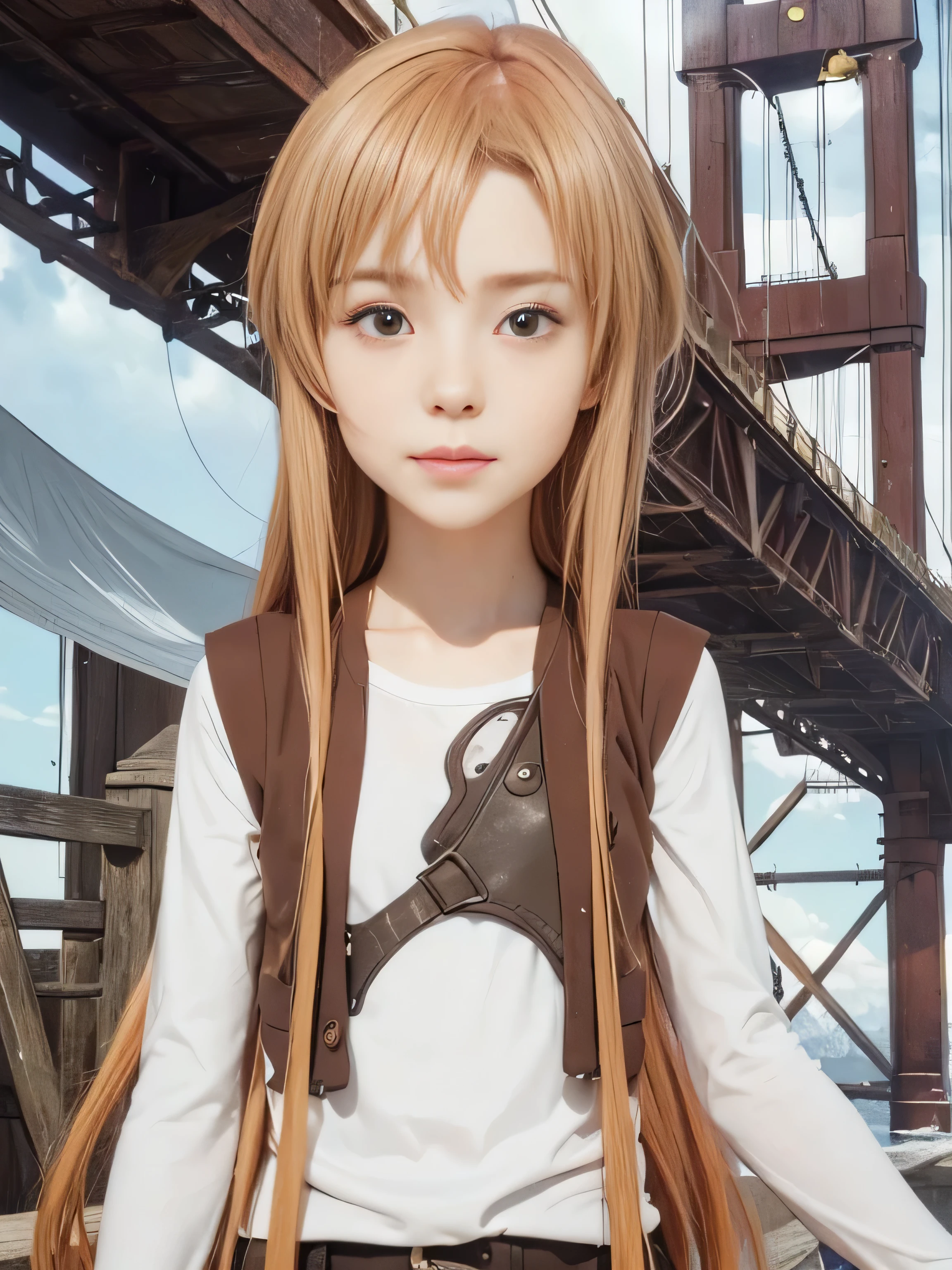 masterpiece, best quality, (realistic,photo-realistic:1.4), (RAW photo:1.2), extremely detailed CG unity 8k wallpaper, delicate and beautiful, amazing,finely detail, official art, absurdres, incredibly absurdres, huge filesize, ultra-detailed,extremely detailed eyes and face,light on face,little smile,(caramel hair:1.4),asuna yuuki,bridge,(wearing lingerie:1.4),red vest,bridge