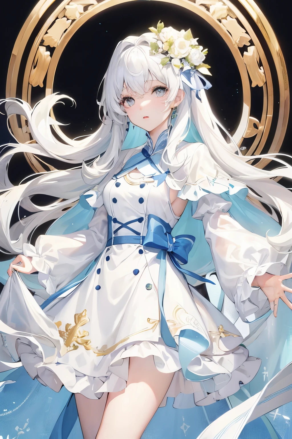 first-class、high resolution、beautiful、background white、long hair of white color、golden eyes、Light blue apron dress、clear、beautiful boy、whole body