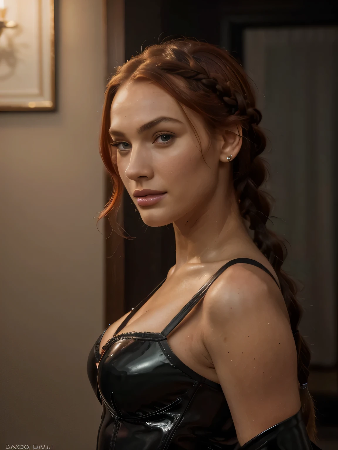 Eine Frau, 26 Jahre alt, with dyed red hair like (ein Zopf am Hinterkopf), Mischung aus 10% Megan Fox und 15% Gal Gadot und 20% Blake Lively, 172cm height, 68kg Gewicht, clear green eyes, lange Wimpern, perfekt geformte Augenbrauen, slim and well-defined body, curvy body, elegant thin nose, kleine Ohren, vollen Lippen, White teeth, kleine, weiche, ladylike hands, painted fingernails, wears black leather and latex underwear, Domina-Stil, high resolution, Meisterwerk, best quality, komplizierte hohe Detailgenauigkeit, Sehr detailliert, scharfer Fokus, detaillierte Haut, realistische Hautstruktur, echte Hautstruktur, Realistische Textur, Fachmann, wahres Leben, ultrarealistisch, Fotorealismus, Fotografie, realistic Fotografie, UHD, (drinnen, kniend in einem dunklen Raum mit schwarzem Interieur, weniger Licht, hole body)