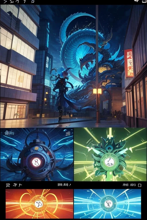 There is a clock on the wall of the building,There are blue and yellow designs, Screenshot of the 2012 animation, screenshot from the anime film, TV animation stills, 九郎anime screenshot, detailed. japanese cartoon. tentacle, anime screenshot, dragon in background, 2 0 1 9 animation screenshots, temple background, Still from anime