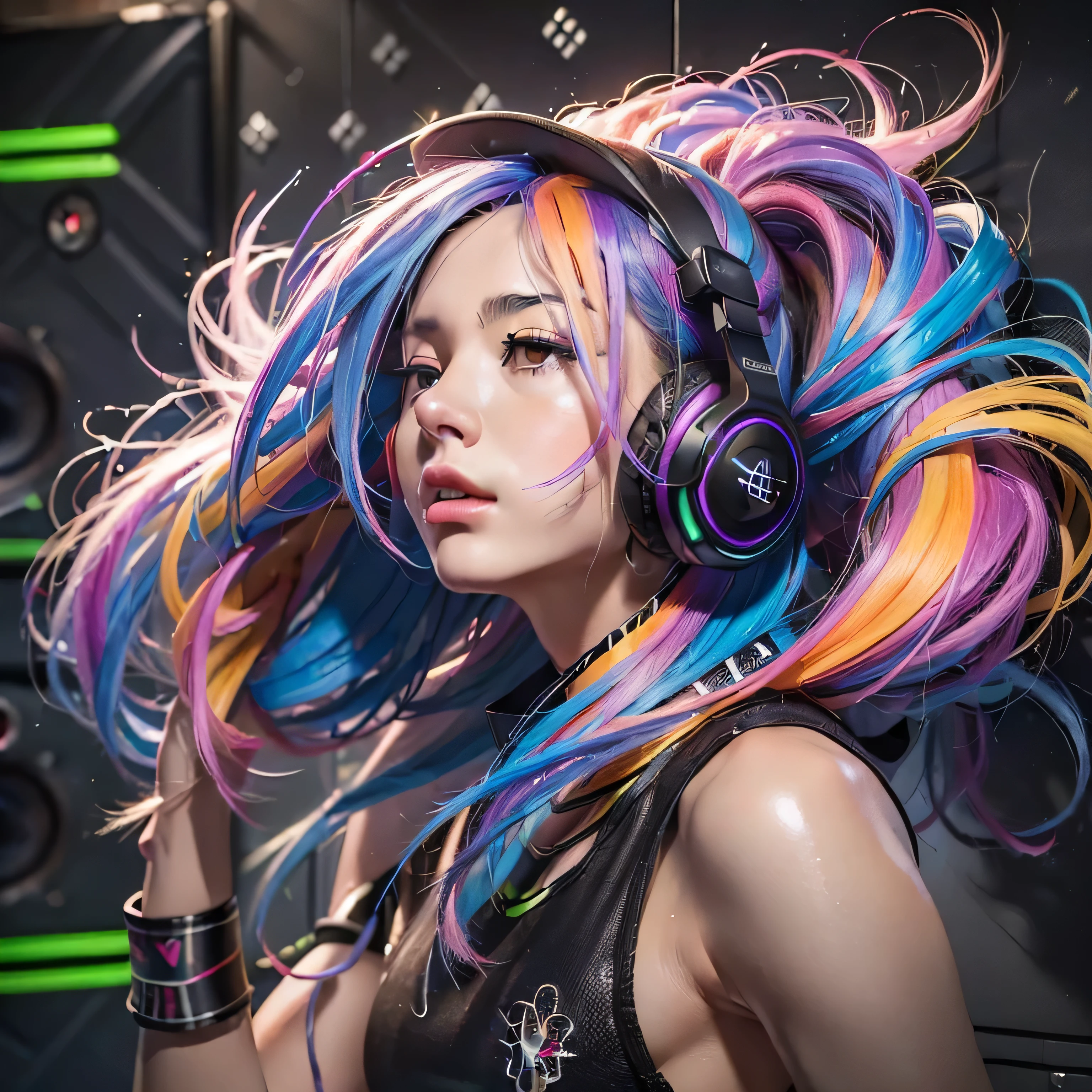 (((RAW image quality:1.4))), Masseter muscle part、super fine、surreal、Beautiful female artist in DJ suit with black top and headphones、dj set、good for sports、headphones dj rave, good for sports, headphones、dj at a party、dj rave party、CGstation、(((Huge speaker in background)))、(((Every wall is speaker)))、(colorful hair)、shining hair、inner color、smokey