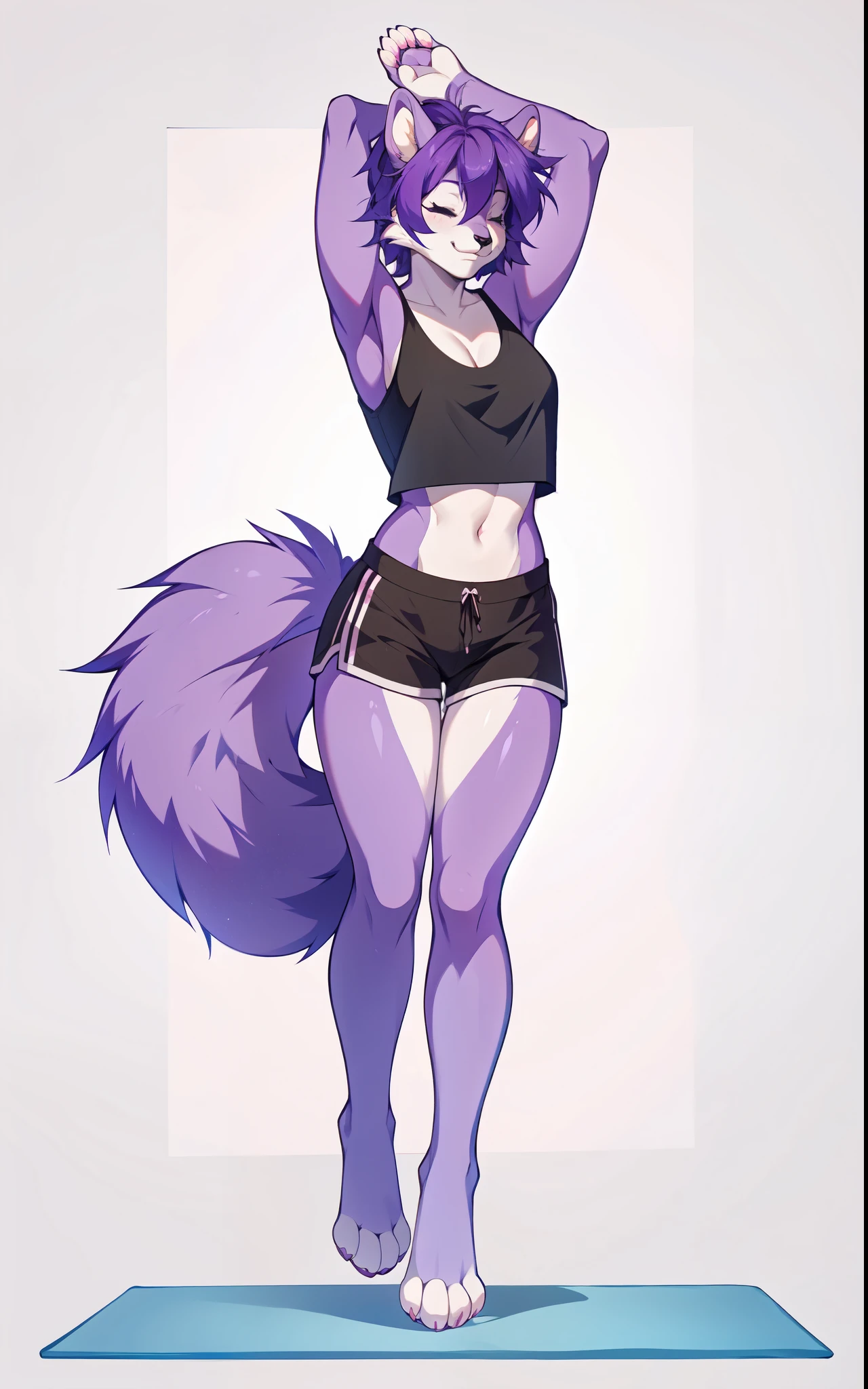 kaori, by fumiko, by hyattlen, solo:1.3, shaggy purple hair, eyes closed, cute snout, black nose, purple squirrel ears, purple squirrel anthro girl, crop top, short shorts, barefoot, 4 toes, feet paws, standing, simple background, in a yoga studio , stretching, perfect hands