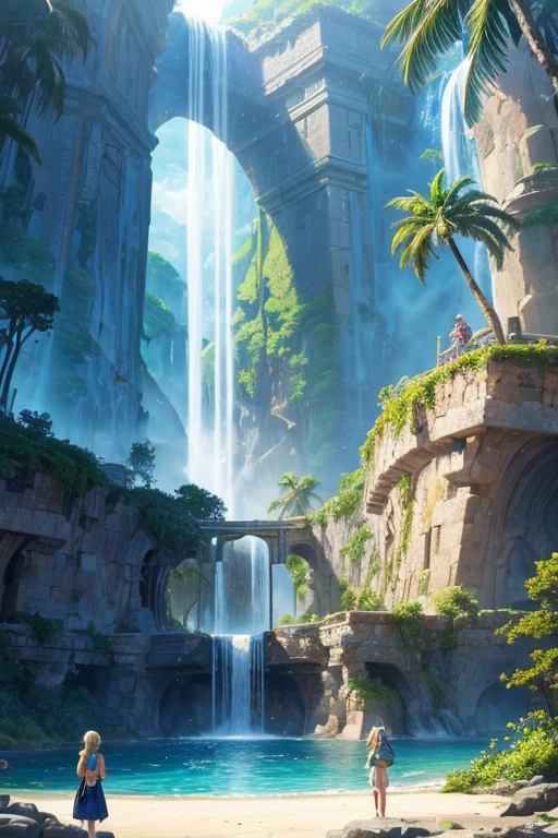 Drawing of a group of people on the beach with a palm tree, Rune Factory 5 art style, rune factory 5, Relaxation concept art, ruins and waterfalls, Anime Landscape Concept Art, beautiful anime scene, Animated screenshots, beautiful anime scenery, bathing in a waterfall, anime background art, There is a waterfall, waterfall in background