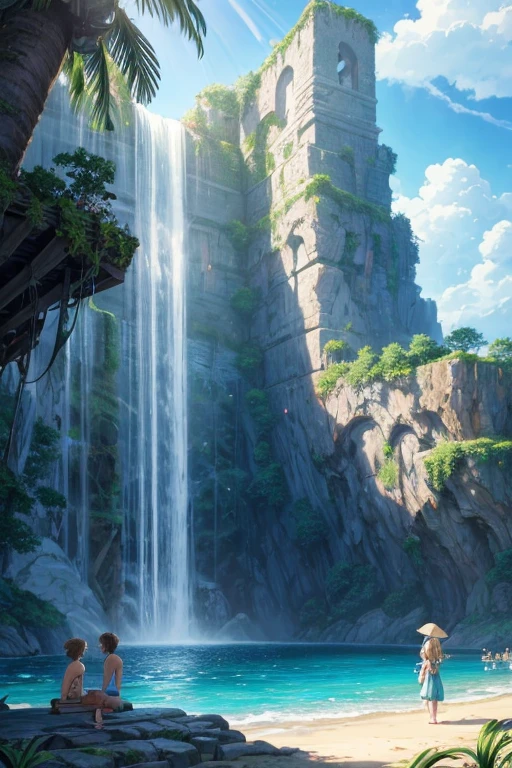 Drawing of a group of people on the beach with a palm tree, Rune Factory 5 art style, rune factory 5, Relaxation concept art, ruins and waterfalls, Anime Landscape Concept Art, beautiful anime scene, Animated screenshots, beautiful anime scenery, bathing in a waterfall, anime background art, There is a waterfall, waterfall in background