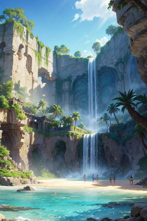 Drawing of a group of people on the beach with a palm tree, Rune Factory 5 art style, rune factory 5, Relaxation concept art, ruins and waterfalls, Anime Landscape Concept Art, beautiful anime scene, Animated screenshots, beautiful anime scenery, bathing in a waterfall, anime background art, There is a waterfall, waterfall in background