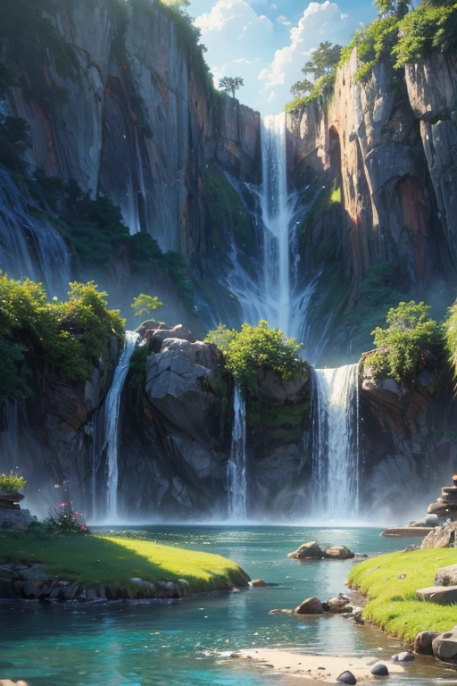 (best quality,4k,8k,highres,masterpiece:1.2),ultra-detailed,(realistic,photorealistic,photo-realistic:1.37),portraits,landscape,anime,concept artists,beautiful detailed eyes,beautiful detailed lips,extremely detailed eyes and face,longeyelashes,palm tree,relaxing concept art,ancient ruins,waterfall,beautiful anime scene,animation movie screenshot,beautiful anime landscape,bathing in waterfall,anime background art,waterfall in background