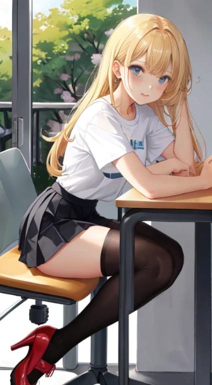 -tee4 yearean, blonde, small breasts, big eyes, long legs, close-up of thighs, t-shirt with deep neckline, skirt tiny pleated, black tights, high heel shoes, Extremely high angle shot, from above the girl, (Reelmech: 1.5), vagina showing, park background, Trees, cherry blossom, mirrored floor with reflections, sitting on school chair , blood on t-shirt, ray tracing, HDR