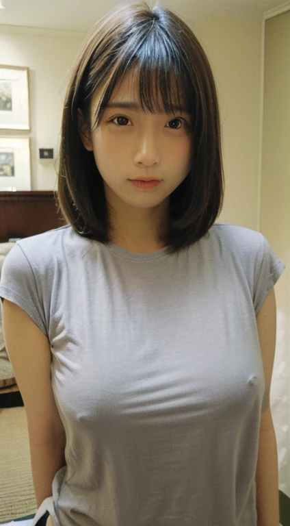 (masterpiece:1.4), (8K, realistic, RAW photo, highest quality: 1.4), Japanese, (1 girl), beautiful face, (realistic face:1.4), (very detailed髪:1.3), beautiful hairstyle, realistic eyes, beautiful and fine eyes, (realistic skin:1.3), beautiful skin, Charm, ultra high resolution, surreal, very detailed, golden ratio, (detailed face:1.4), (Realistic medium breasts:1.4), (gray T-shirt:1.5),(bedroom1.3),soaking wet skin hair,perky_nipple,(erect nipples1.5)