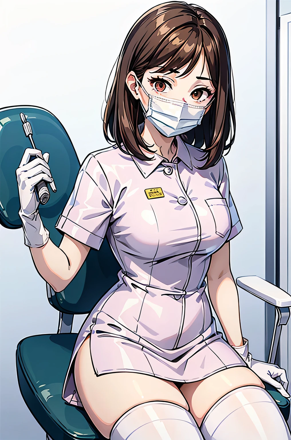 1 girl, brown hair, Dental Hygienist, pink medical scrub, White latex gloves, white stockings, ((White surgical mask, Covered nose)), sitting in a chair, Dental clinic, highest quality, masterpiece