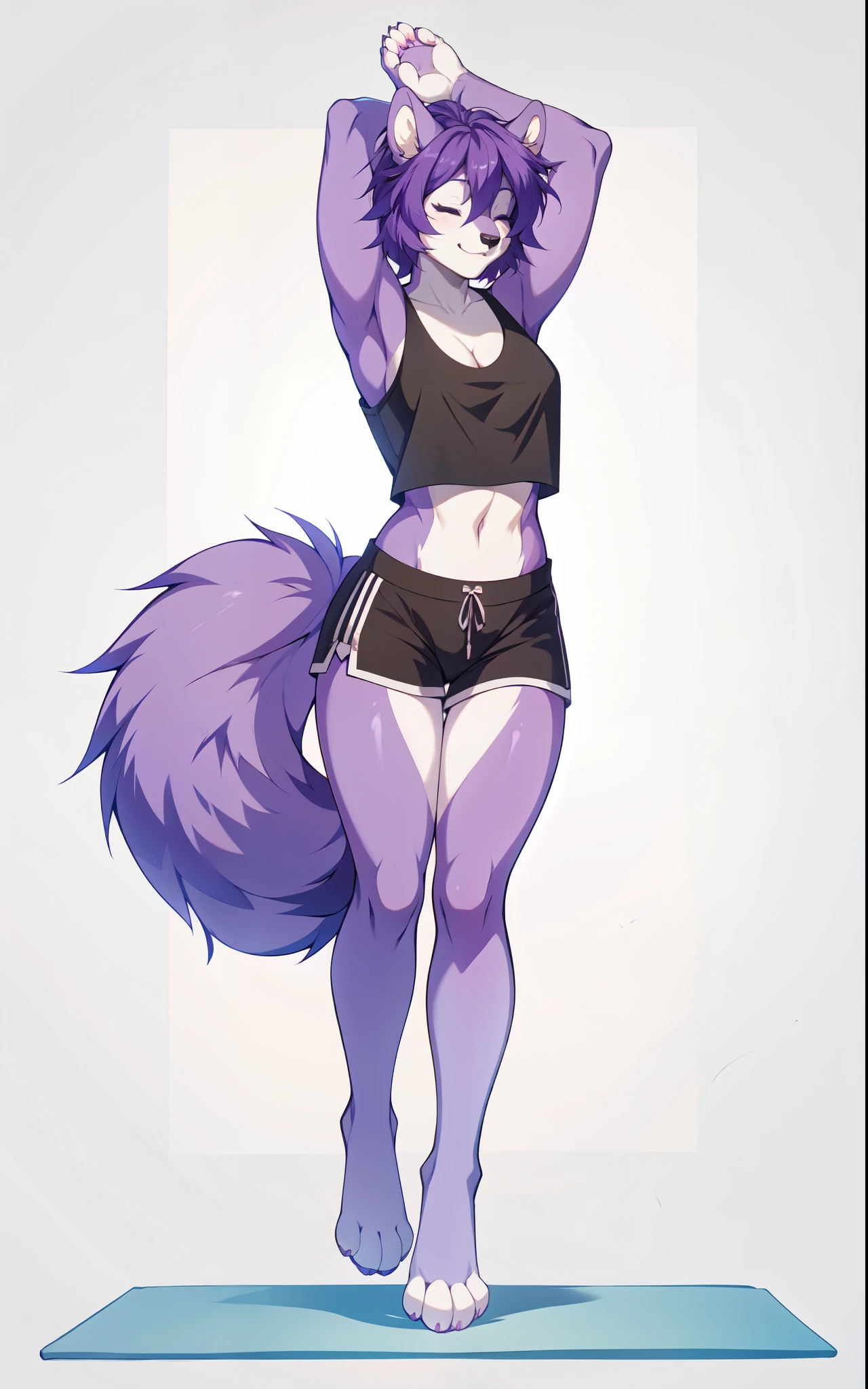 Solo:1.4, kaori, single purple squirrel girl, blue eyes, shaggy purple hair, straight hair, cute snout, black nose, athletic top, athletic shorts, toned body, smirking, trendy style clothes, standing, by fumiko, by hyattlen, white background, no background, portrait, ears fully in frame