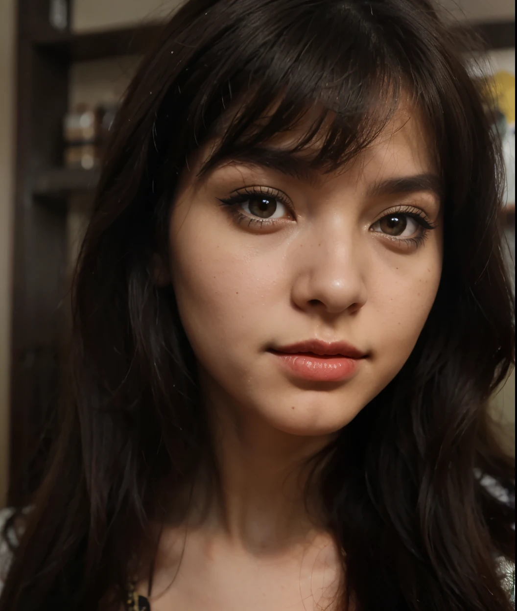 Woman, egirl-style clothes, Brazilian genotype, small eyes, light brown, brown eyes, big cheeks, cat eyeliner, young, 18, black hair, bangs on the forehead, red lipstick, selfie, a bit of pimples and dark circles, sexy look, ordinary face, little Italian genotype, homemade photo, amateur photo, ultra-realistic
