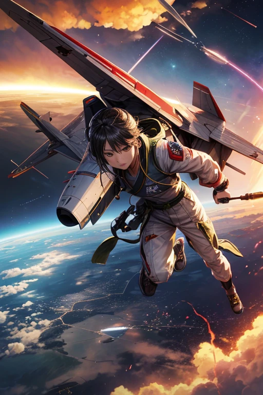 There is a jet flying in the sky，and emit smoke, 瓦尔基里fighter jets, fighter jets无人机, HD visual effects-9, anime bullet vfx, Japanese Computer Graphics, time and space fortress style, 喷气式fighter jets, Ace air combat, kamiura, fighter jets, Ace air combat, 星际fighter jets, 第五代fighter jets, strafing attack aircraft, simulated space combat, fire