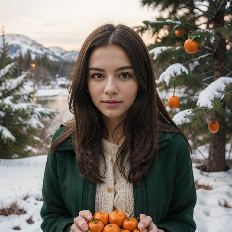 Portrait, brunette girl with iPhone, New Year, winter, spruce branches, tangerines, long hair