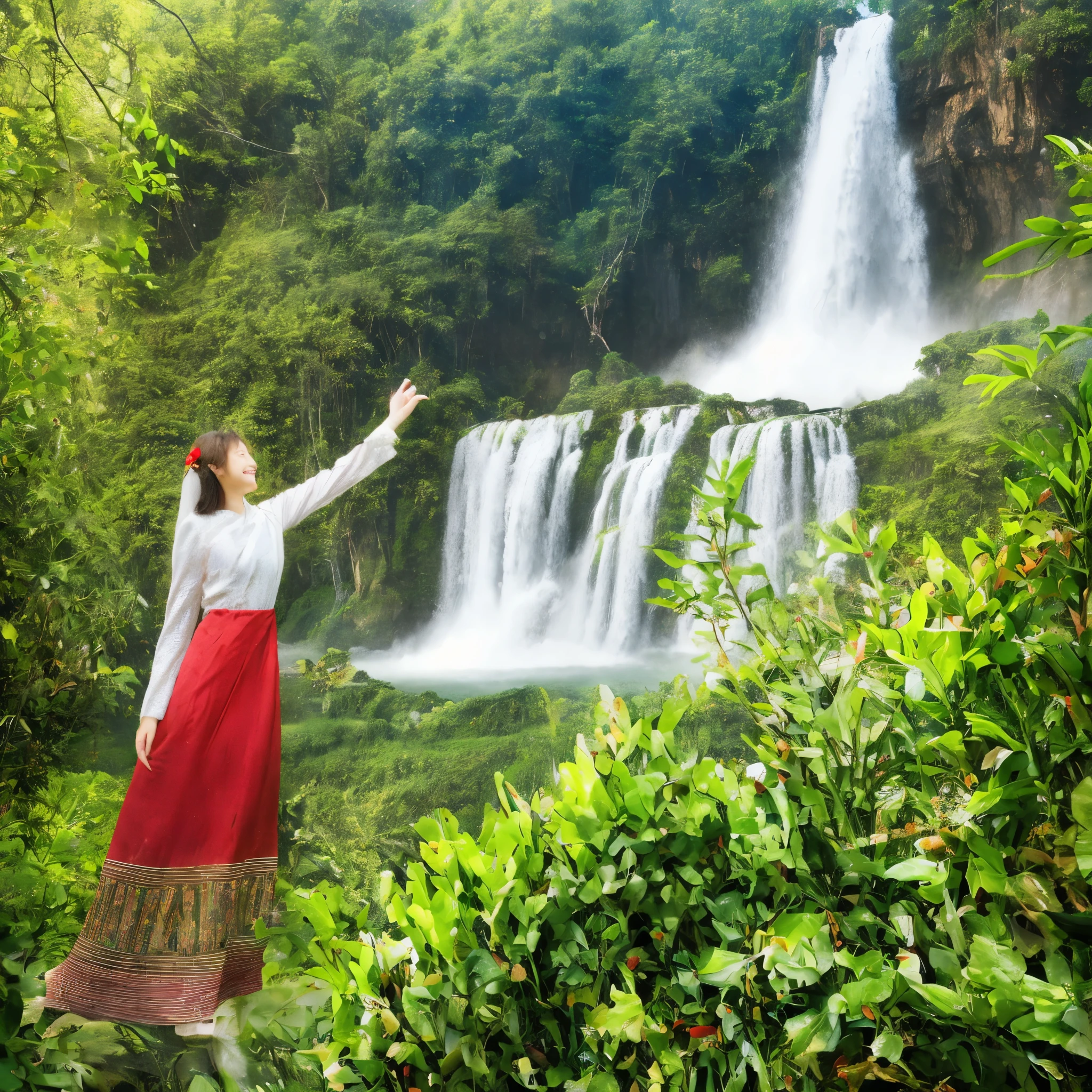 (best quality, 4k, high, masterpiece-1.5); special details (realistic, photorealistic, photo-realistic-1.37); Beautiful girl, "Two 25-year-old Southeast Asian girls in white nightgowns, wet clothes wet, random hair, holding breasts and playing water in a mountain valley, 4k, very realistic, very detailed, happily laughing with each other."Beautifully detailed eyes; Beautifully detailed lips, Highly detailed eyes and face; Long eyelashes, 1 girl, illustration, soft light, bright colors; bokeh Imaginative Imaginative real atmosphere Full body professional photo; (Photo 4K:1.1) (Sharp Focus:1.1), High Detail, Women (beautiful jungle waterfall -1.2); beautiful hips, long hair Power pose trust slender girl Big milk-1.2; perfect anatomy; Perfect Symmetry: 1.2; realistic Realistic face-1.3; perfect face Content trust very detailed; and wonderful; Cinematic lighting light show the movement of soft rays of light; full body photography; (((work:1.5))), photoreal acmm ss dress light purple acmm top worn over acmm; short arms Buttons acmm long skirt with red and black printed acmm long skirt acmm ls dress, acm top olive green acmm top; long arms acmm long skirt olive green acmm long skirt printed skirtOUTDOORS, SCENERY, TRADITIONAL MEDIA, SKY, DAY, PHOTO BACKGROUND, REAL WORLD LOCATION, ARCHITECTURE, NATURE, RUINS, LANDSCAPE, BAGAN ANCIENT PAGODA BACKGROUND