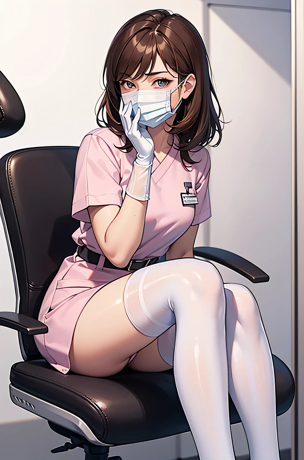 1 girl, brown hair, Dental Hygienist, pink medical scrub, White latex gloves, white stockings, ((White surgical mask, Covered nose)), sitting in a chair, Dental clinic, highest quality, masterpiece