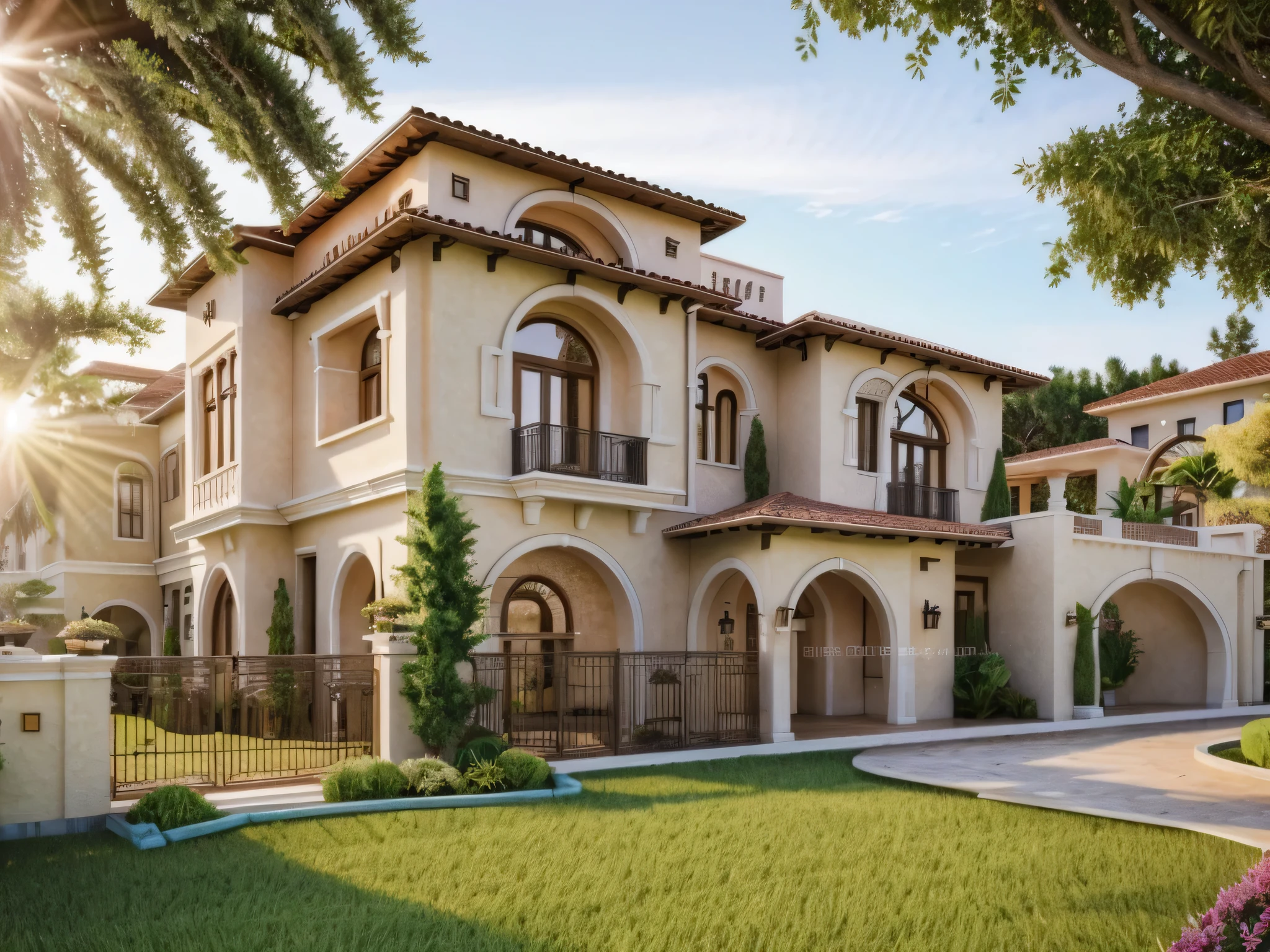 (Mediterranean Revival  house ,close houses and trees), (Mediterranean Revival  style architecture) daylight ( best quality) ((high solution)) ,(( photo realistic)) ,warm light,  soft lighting, warm atmosphere,high Resolution, hyper detailed,4k ,vray render, octane render, hyper realistic, photography expert ,exterior design , professional photography, exterior photography,wide-angle shot , ultra detail , high Resolution , full frame, full body