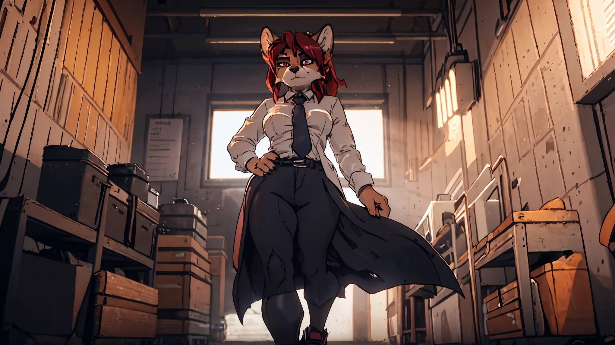 Skye, female, cockapoo, floppy ears, anthro, ponytail messy ginger hair with red streaks, magenta eyes, tall, curvy, muscular, white shirt with tie, black pants, black shoes, standing, hands down close to waist, serious, extremely detailed, solo, beautiful, solo, high quality, 4K, 8K, HDR, RAW