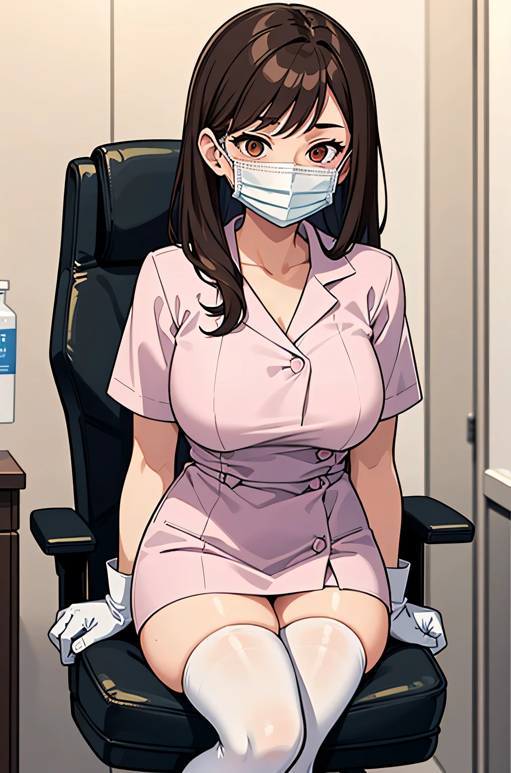 1 girl, brown hair, Dental Hygienist, pink medical scrub, White latex gloves, white stockings, ((White surgical mask, Covered nose)), sitting in a chair, Dental clinic, highest quality, masterpiece