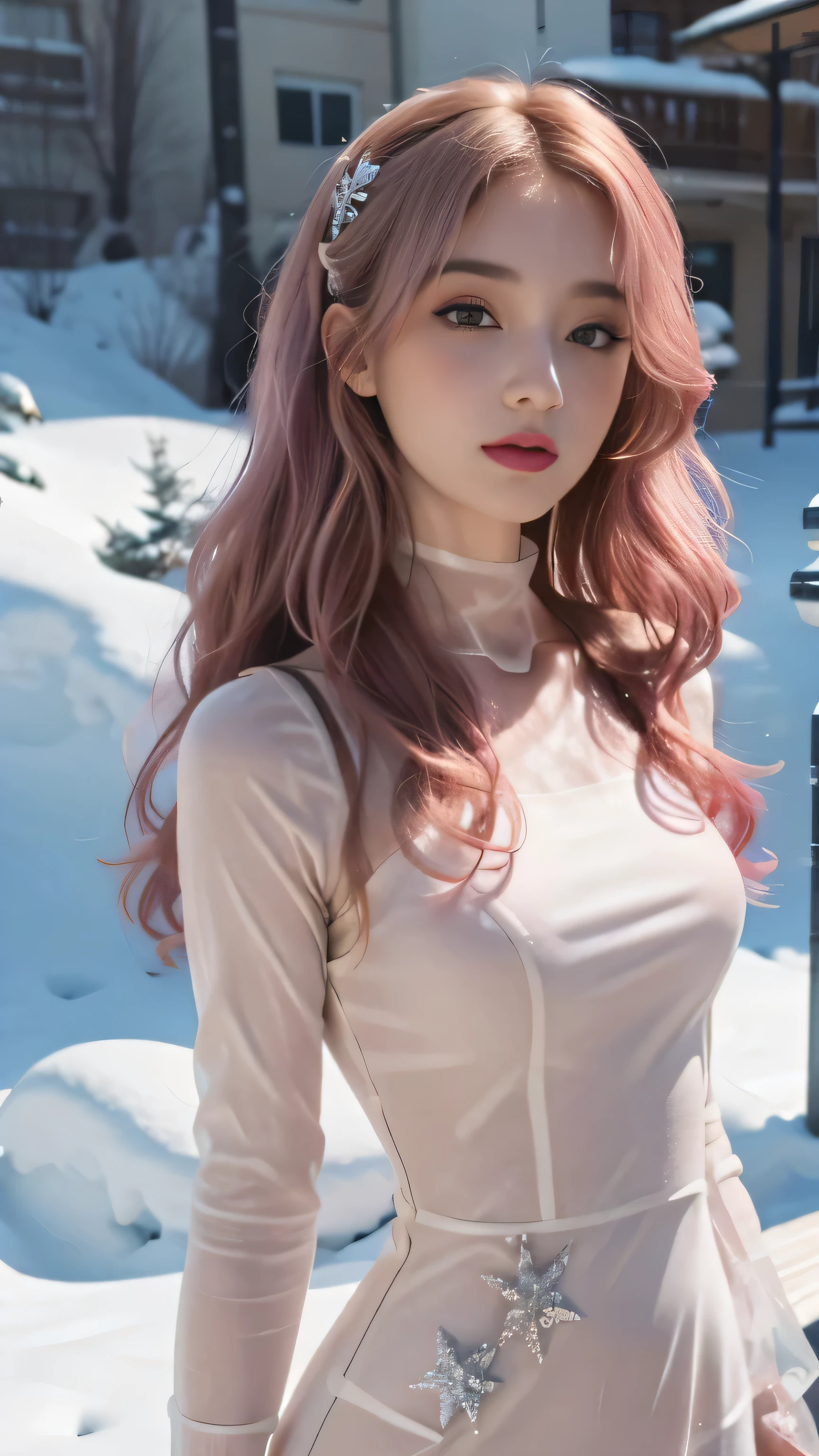 ((best quality, 8k, masterpiece: 1.3)), clothing (1.2) (whole body:1.5), clear focus: 1.2, (bodycon high waist dress:1.5), The skin is shiny under the light, Outstanding beauty: 1.4, ((Pink wavy hair: 1.2)), Highly detailed facial and skin textures, Not too dark parallel eyebrows and detailed eyes, double eyelids, Smile (1.3) natural makeup, In the beautiful snow mountains (5)