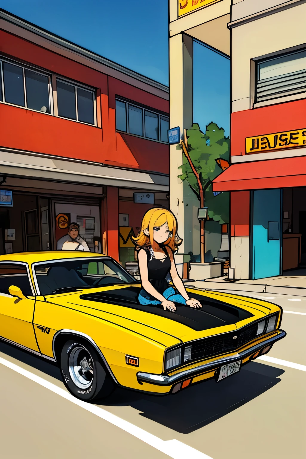 carro amarelo com listras pretas estacionado na garagem, checrolet camaro z28 sold 1973, muscle carZ, camaro, pintura cartoon, carro, cartoon, cartonizado, modelo 1973