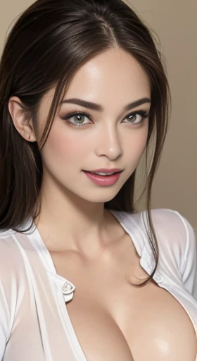 ((Best quality, 8k, whole body, Masterpiece :1.3)), Sharp focus :1.2, A pretty woman with perfect figure :1.4, Slender abs :1.2, ((Dark brown hair, E-cup of breasts :1.4)), (wearing white button up shirt, no bra, Jean :1.1), City street:1.2, Highly detailed face and skin texture, Detailed eyes, Double eyelid, white skin, enhanced tits tufts, (A hyper-realistic), (highly detailed), A smile, natural breasts, soft areolas, topless, Puffy areolas, puffy nipples, detailed areolas, detailed nipples, light colored areolas, light colored nipples