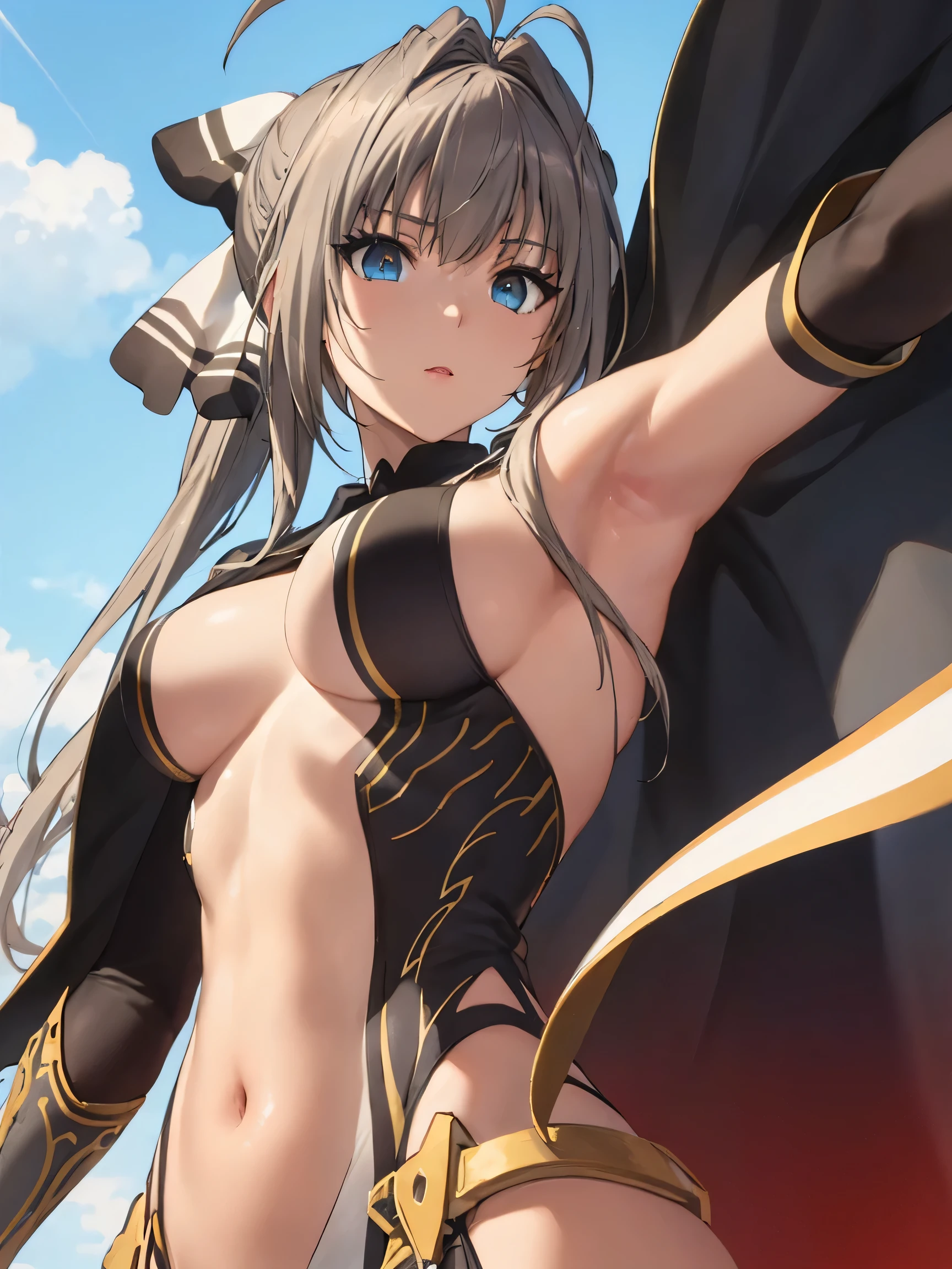 SentoIsuzu,brown hair, brown eyes, long hair, antenna hair, ponytail, hair bow,BREAK cape, armor, black bodysuit, gauntlets, underboob, BREAK looking at viewer,(from below:1.2),armpits,arm up, BREAK outdoors, beach, BREAK (masterpiece:1.2), best quality, high resolution, unity 8k wallpaper, (illustration:0.8), (beautiful detailed eyes:1.6), extremely detailed face, perfect lighting, extremely detailed CG, (perfect hands, perfect anatomy),