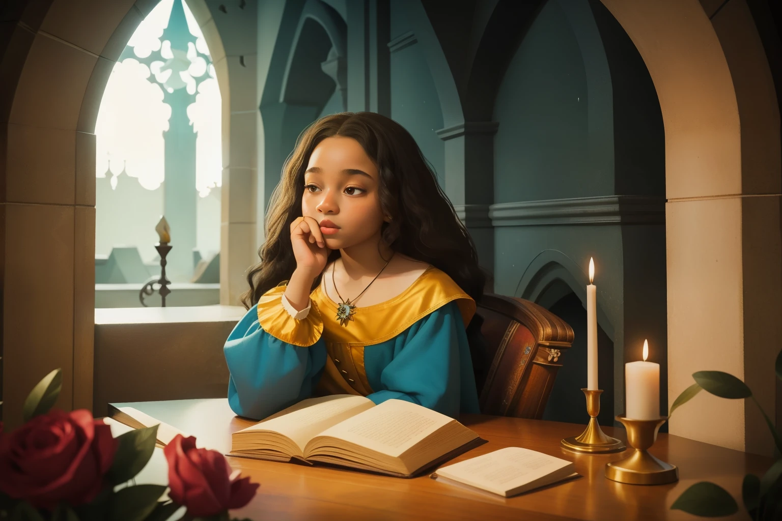 1640s Enchanted Quartz Crystal Cathedral (Location: Quartz Crystal Cathedral)
Character: A Black tween girl, adorned with quartz crystals, explores the enchanted cathedral during the 1640s, capturing the magic and innocence inspired by Enid Blyton.