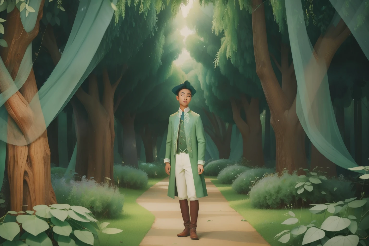 1690s Ethereal Eucalyptus Grove Soiree (Location: Ethereal Eucalyptus Grove)
Character: An Asian teen boy, dressed in eucalyptus leaves, enjoys a magical soiree within the ethereal eucalyptus grove during the 1690s, reminiscent of Enid Blyton's storytelling.