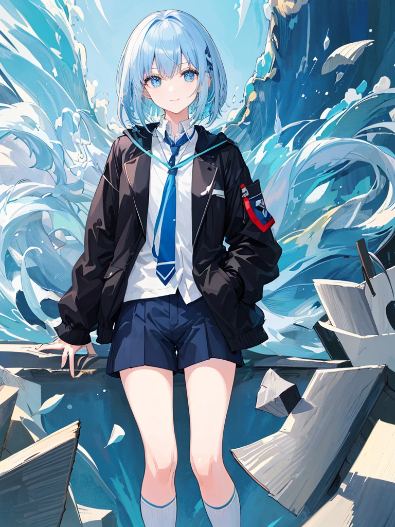 ((top-quality)), ((masterpiece)), ((ultra-detailliert)), (extremely delicate and beautiful), girl with, 独奏, cold attitude,((Black jacket)),She is very(relax)with the(Settled down)Looks,A dark-haired, depth of fields,evil smile,Bubble, under the water, Air bubble,bright light blue eyes,Inner color with light blue hair and dark blue tips,Cold background,Bob Hair - Linear Art, shortpants、knee high socks、White uniform like school uniform、Light blue ribbon ties、Clothes are sheer、Hands in pockets