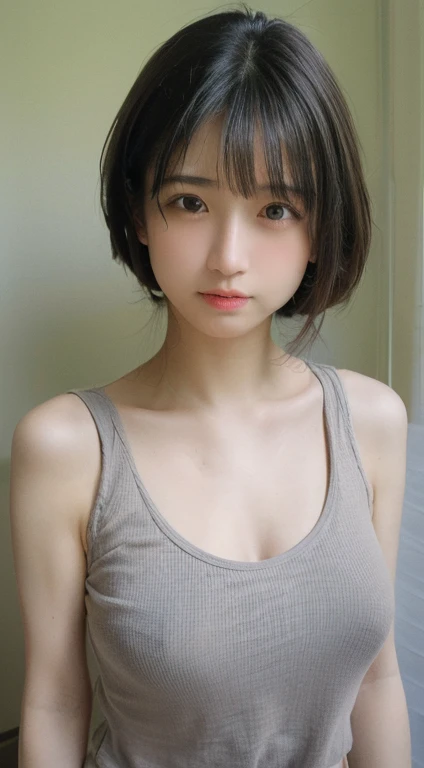 (masterpiece:1.4), (8K, realistic, RAW photo, highest quality: 1.4), Japanese, (1 girl), beautiful face, (realistic face:1.4), (very detailed髪:1.3), beautiful hairstyle, realistic eyes, beautiful and fine eyes, (realistic skin:1.3), beautiful skin, Charm, ultra high resolution, surreal, very detailed, golden ratio, (detailed face:1.4), (Realistic medium breasts:1.4), (gray tank top:1.5),(bedroom1.3),soaking wet skin hair,perky_nipple,(erect nipples1.5),(No bra:1.4)