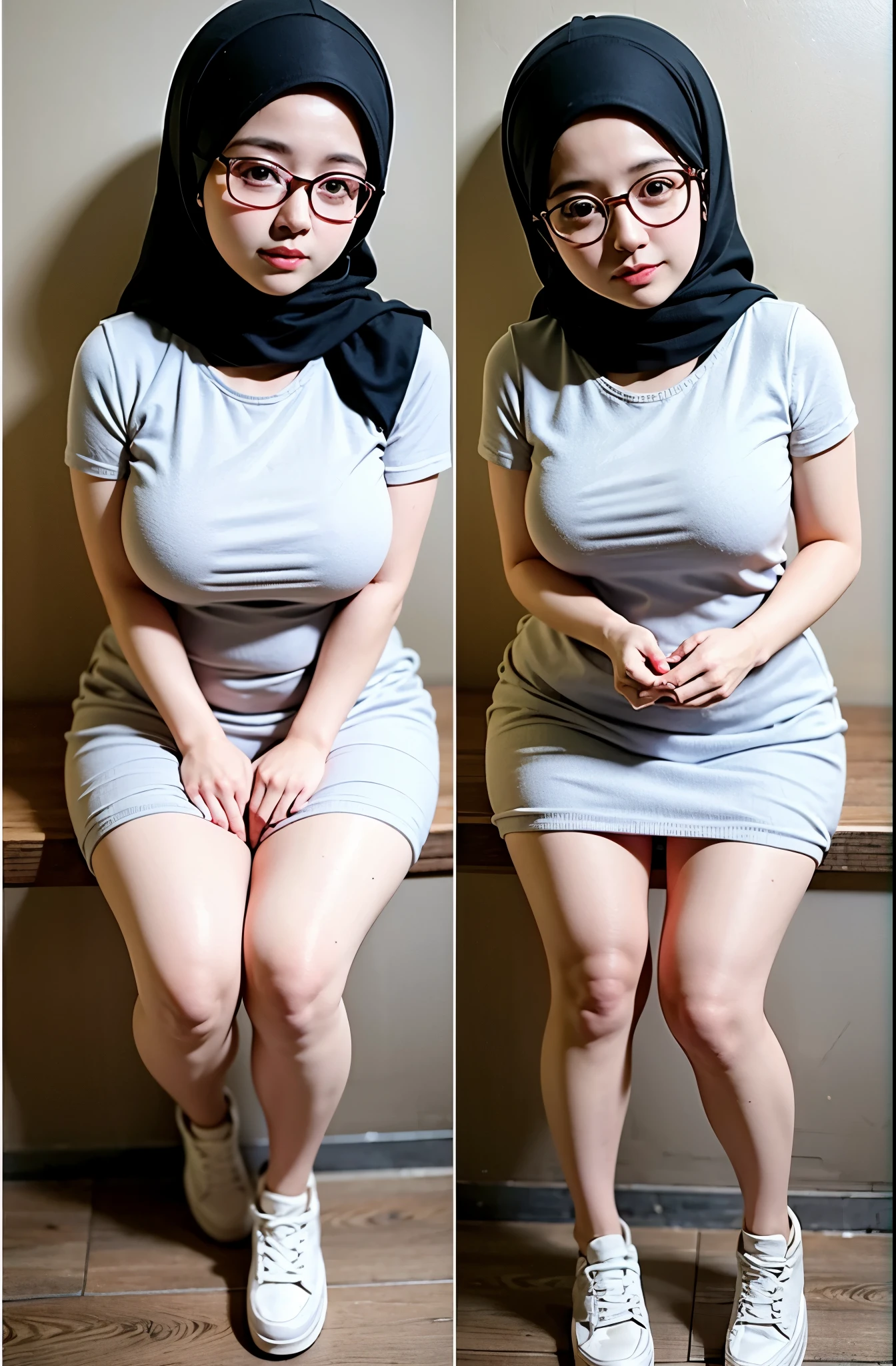 Hijab, glasses, pasmina, chubby, chubby tight,  big breasts, sepatu converse, high resolution, best quality, 8k resolution, gorgeous, High definition, , full body 