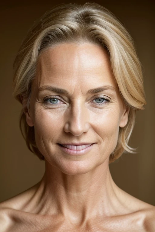 50yo european woman, mature, beautiful female arafed model, forehead wrinkle , attractive beautiful face, blond hair with blond highlights, big saggy boobs, fotorealistisch, Sommersprossen Gesicht, Cinematically beautiful natural skin, fit body, beautiful model girl, guckt direkt in die Kamera, RAW Fotografie sehr realistisch, naked, (full lenth shot:1.3), shot taken from hip height, smile