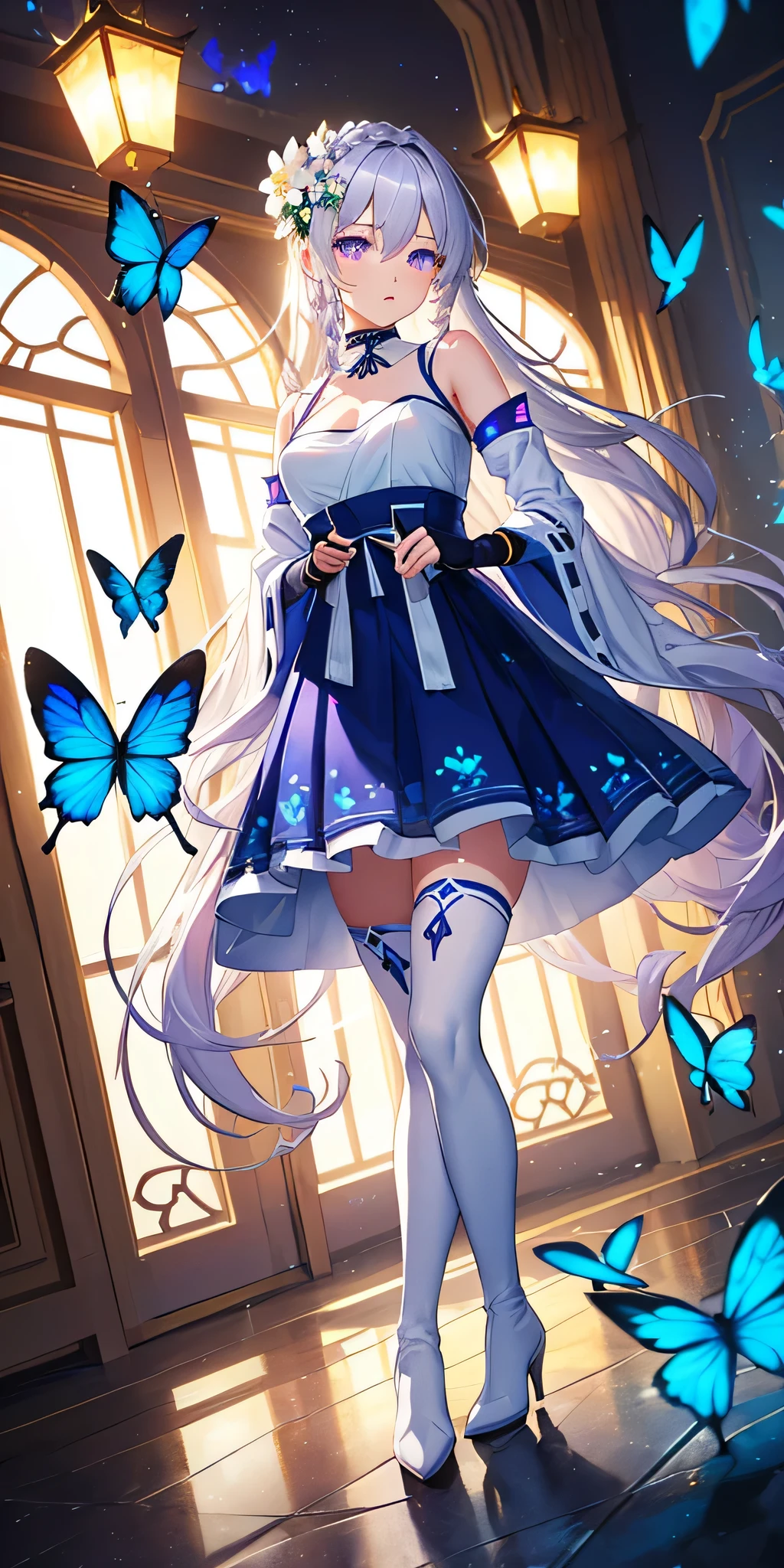 (俯瞰shape),dynamic angle,Super detailed, shape, close, straight, 1 girl, (fantasy:1.4), ((purple eyes)),Her eyes shone like dream-like stars,(shining eyes:1.233),(beautiful and detailed eyes:1.1),(silver hair:1.14),(messy hair,very long hair,french braid,hair between eyes,side lock), (+(bule hair flower:1.14)),(Chiffon dress,bule flower pattern in uniform)/=(uniform:1.24),(removed sleeve,wide sleeve),(fingerless gloves),choker,(miko thighhighs),high heel boots,(Expressionless,closed mouth),(Are standing), (classical Princess boudoir with dressing tableand french windowin a white ancient palaces),(White flower,bloom),(abysmal sea),(water flowing),(a dull blue world tree:1.14),(Remains),(night:1.2),dream-like,soul,(fluorescence),(flying translucent blue butterflies:1.15), [[delicate fingers and hands:0.55]::0.85],(finger details),(yubao:0.5),