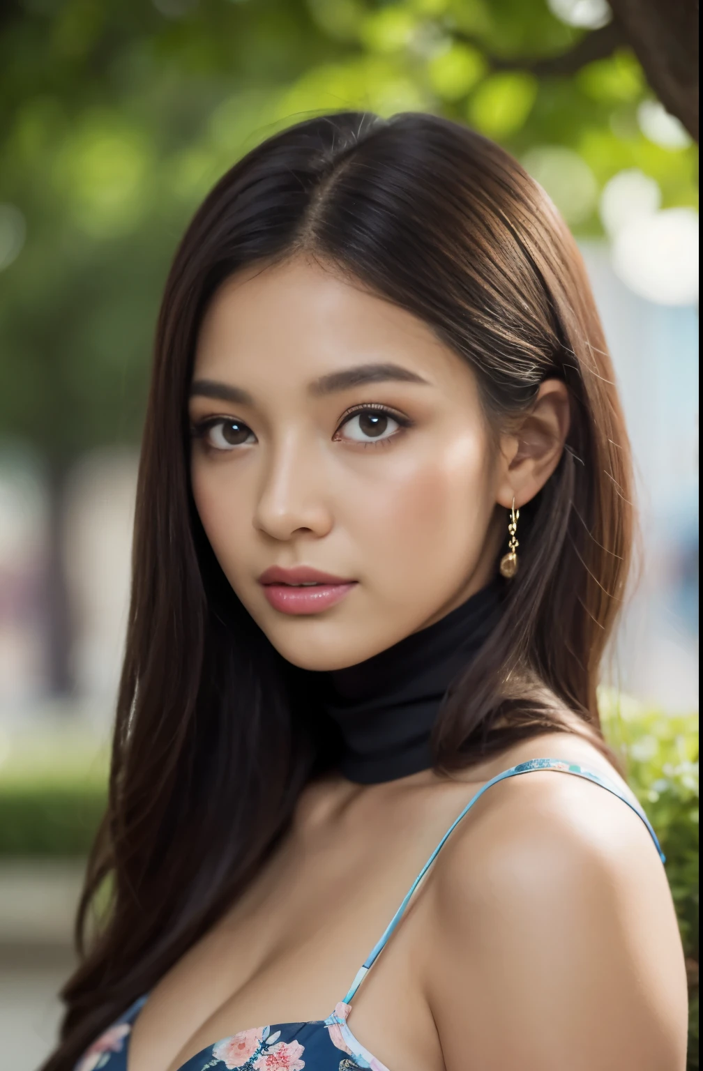 cliff, party, (Close-up of the painting style,Ultra HD 8K,Masterpiece grade CG wallpaper),Cinematic lighting,cute girly,Delicate and beautiful face,Dreamy pupils,Wearing a small floral short summerdress,round waist,hijabi,Bust poem,Sit,Cloudy background,the trees,florals,夏天,Chinese style buildings, cleavage, magical