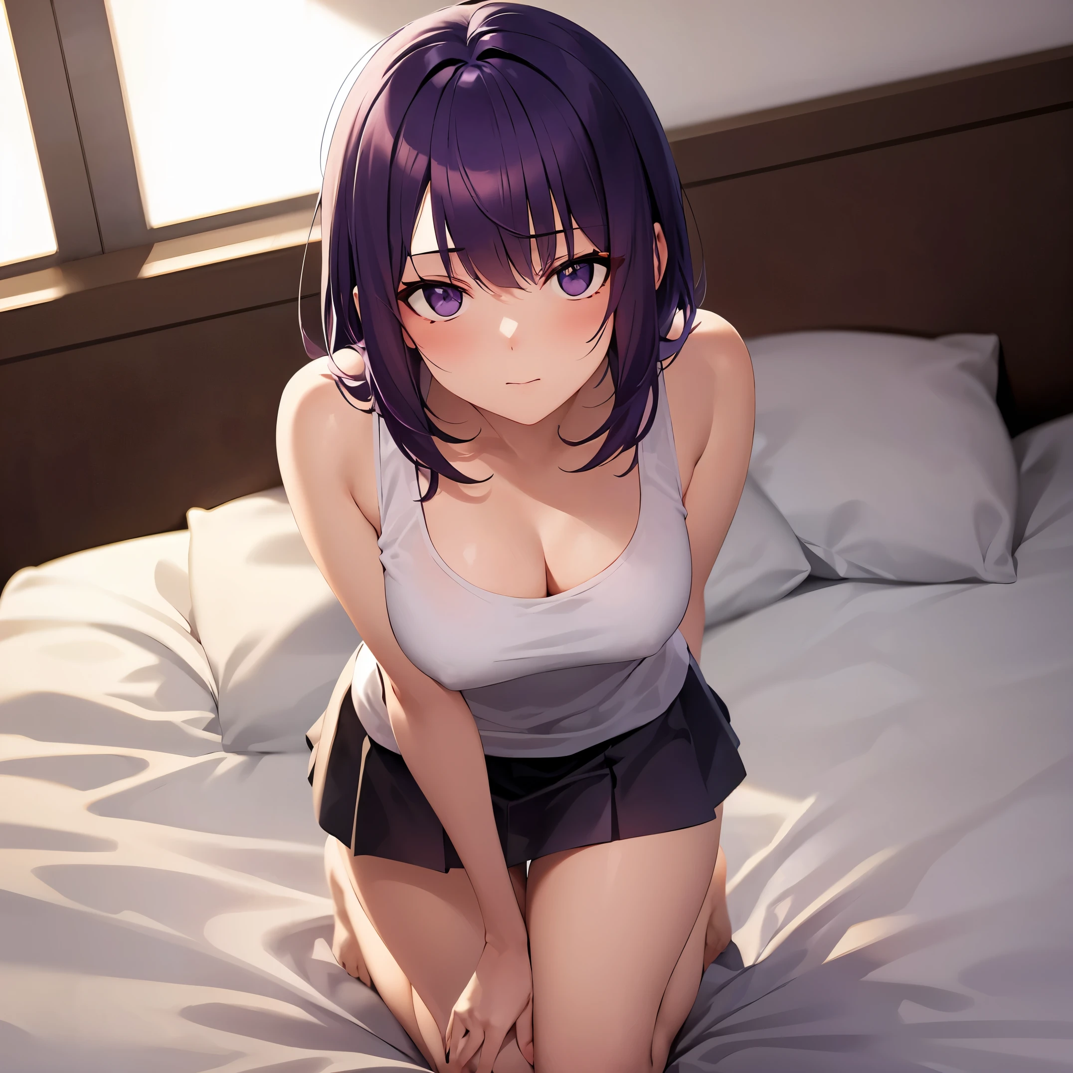 Close up, Purple hair, medium hair,white tank top, skirt, young adult, 1 girl, standing, looking at viewer, bed, kneeling on bed, symmetrical composition