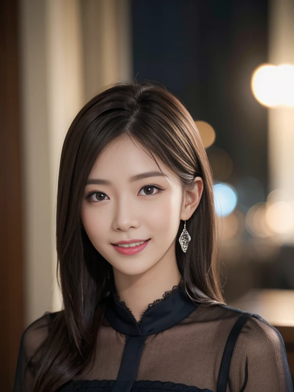 (table top, highest quality, realistic, super detailed, in detail, High resolution, 8k wallpaper), 1 beautiful woman, earrings, smile, In a navy formal dress, light brown short messy hair, perfect dynamic composition, beautiful and fine eyes, smile, Bayside Area, At night, full body portrait
