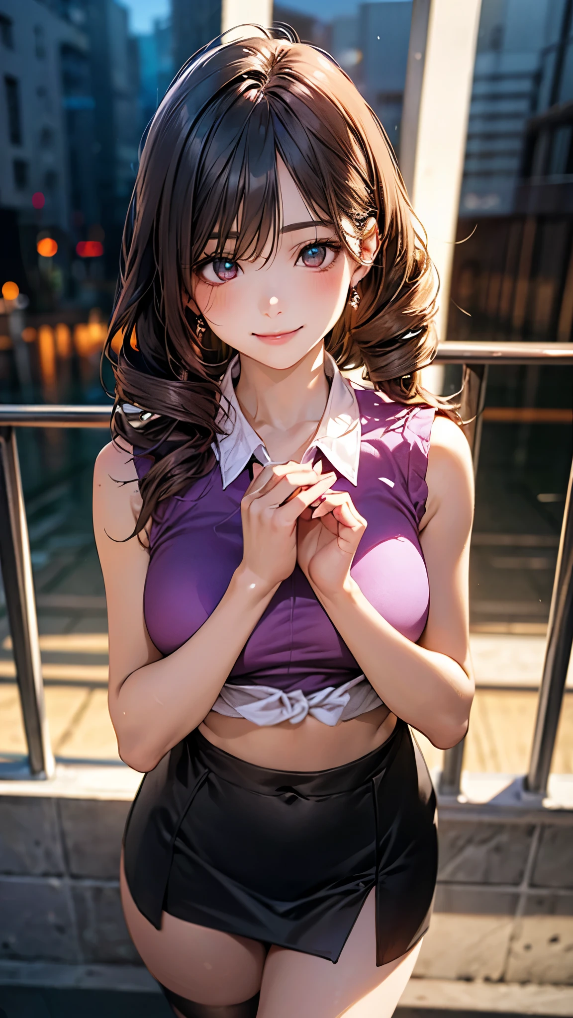 (masterpiece:1.2, top-quality), (realistic, photorealistic:1.4), beautiful illustration, (natural side lighting, movie lighting),
looking at viewer, cowboy shot, front view:0.6, 1 girl, japanese, high school girl, perfect face, cute and symmetrical face, shiny skin,
(long hair:1.8, drill hair:1.7, dark brown hair), hair between eye, emerald green eyes, long eye lasher, (large breasts:0.9, thick thighs),
beautiful hair, beautiful face, beautiful detailed eyes, beautiful clavicle, beautiful body, beautiful chest, beautiful thigh, beautiful legs, beautiful fingers,
((light purple sleeveless collared shirts, crop top, black tight mini skirt, high heels)), pink panties,
(beautiful scenery), evening, riverside, walking, hands on chest, (lovely smile, upper eyes),
