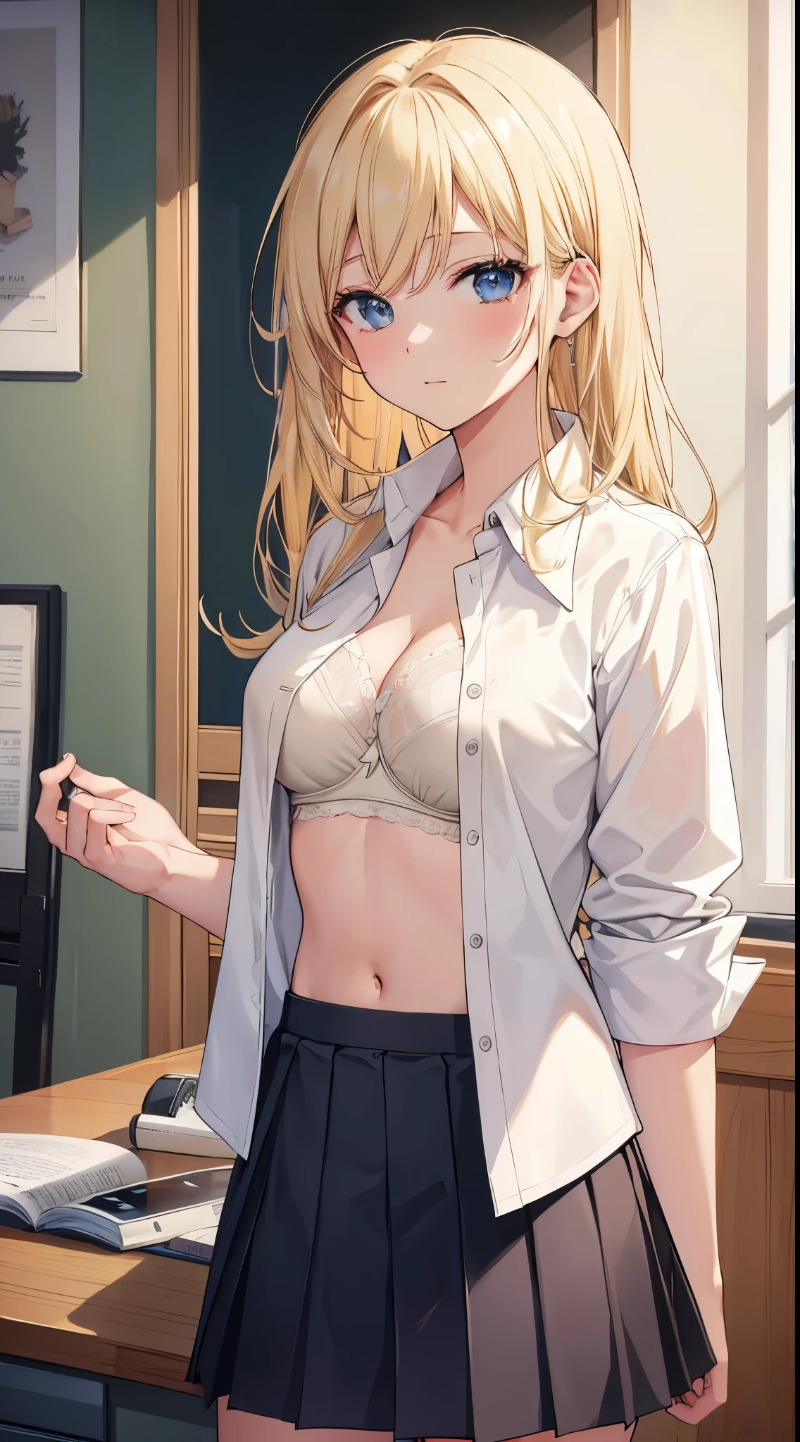 masterpiece, highest quality, High resolution, SA1, blonde hair,  uniform, white shirt, skirt, チェック柄skirt, open shirt, bra is very,