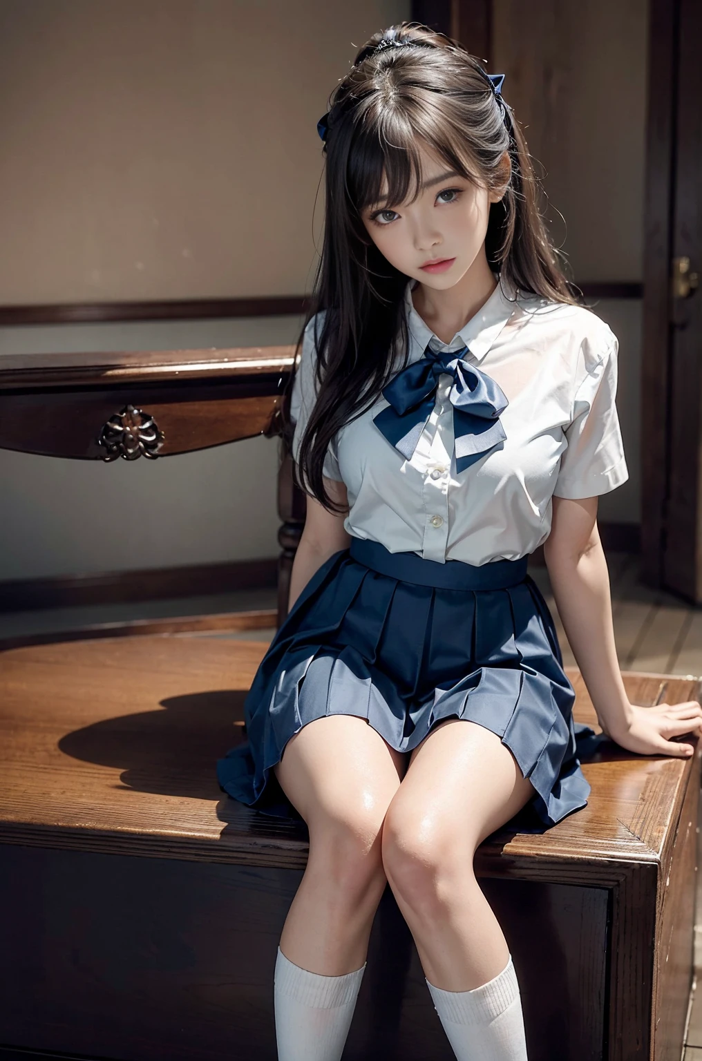 20 year old woman, (high top faded: 1.3), (low(low)), (soft focus), HD, masterpiece, HD, HD, 4K, 超HD, Very realistic shadows, Surrealism, 戏剧性的lamp光, a girl, alone, Detailed face, lifelike眼睛, lifelike皮肤, dynamic hair, dynamic poses, dynamic angle, (White shirt), (dark blue bow tie) , (((Dark blue long skirt)))), ((White hem socks))), library background, (original photo: 1.2), (lifelike: 1.4), beautiful and delicate woman, Extremely detailed eyes and face, beautiful and delicate eyes, File size is large, 一个Very detailed的, high resolution, Very detailed, best quality, (bright interior), (soft light), (low对比度), ( See deeply), (Portrait of a beautiful woman illuminated by soft light), (Very delicate and elegant depiction), (short bangs), (Head color is dark chestnut,Slightly brownish), (Subtle and silky waves), (long hair两侧错综复杂地编织小辫子), ((White hem socks))), illustration, Very detailed, BAPV, unity, 8k wallpaper, amazing, Exquisite details, best quality, Highly detailed integrated 8K wallpapers so far this year, Coordinating Minister, lamp, 1 girl, 25 years old, (((No)), (camel toe), (half), (Sit on bent knees and legs)), long hair, dark theme, soothing tone, pastel colors, high contrast, (natural skin texture, Surrealism, soft light, No耐烦), Capturing the serene beauty of a young woman immersed in the peaceful atmosphere of a library.. Soft diffused light gently illuminates her features., It emphasizes her sophisticated look and creates a calm atmosphere. Library shelves filled with books,Provide background on knowledge and wisdom. It focuses on capturing models'Natural charm and elegance, Stay calm and considerate the essence of the moment. Cute 21 year old Japanese gravure model,Soft body, gray brown wavy hair, Decorate with ribbon, charming appearance. She wears a frilly white blouse, Blue ruffled skirt and white ruffled socks. sitting on bed, She hugged her knees,Staring at the camera, Exudes melancholy charm. Create scenes where beauty and ephemerality intertwine, national foundation