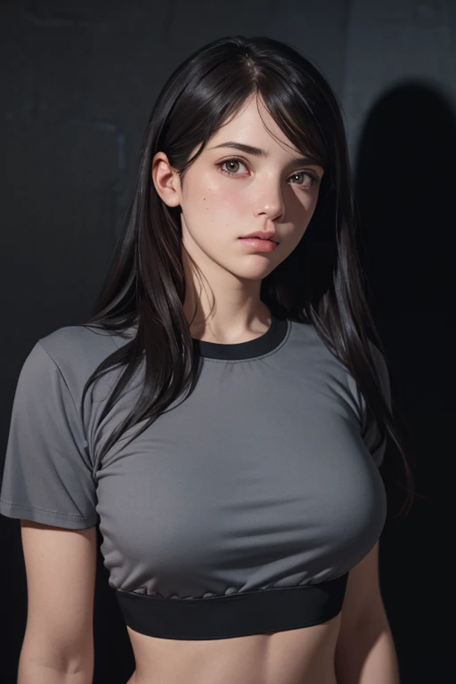 (front focus), (in the dark:1.6), Hyperrealist upper body shot of female by david hockney and alphonse mucha, wearing grey crop top, photo realistic, dynamic lighting, artstation, poster, volumetric lighting, very detailed faces, 4 k, award winning, 1girl, in the dark, deep shadow, low key, (official clothing:1.4), long hair,