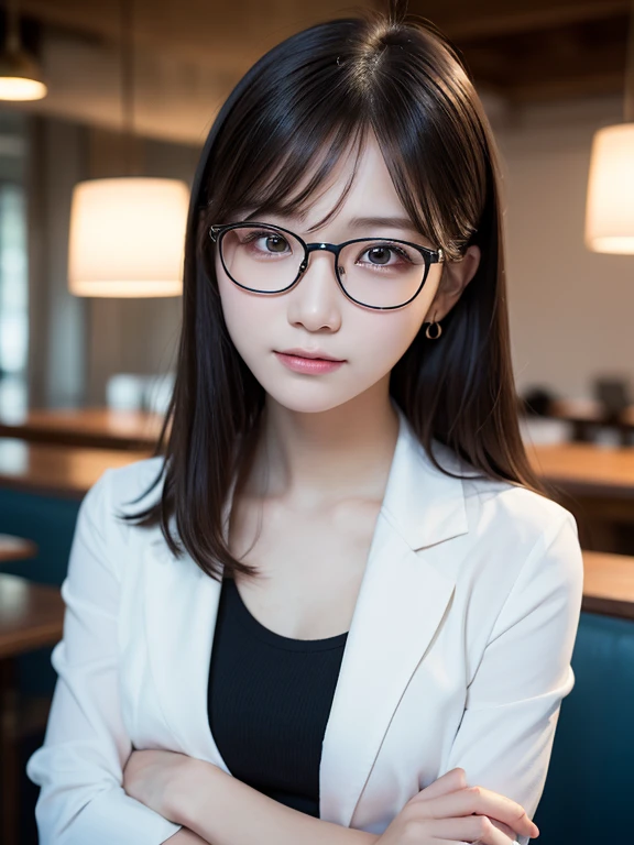 beautiful young girl, 非常にbeautiful detailsな顔, Pure smile, (fold your arms、angry facial expression、:1.４), dark brown hair,medium hair, (detailed face:1.2), conceptual art, high quality, realistic, very detailed CG 統合 8k 壁紙, very detailed, High resolution raw color photos, professional photography, realistic portrait, cinematic light, beautiful details, Super detailed, advanced details,, Depth of bounds written, daytime、Cafe、 Super stylish lighting, (beautiful small chest:1.2), smooth and flawless Skin, Expressive and seductive eyes, Well-defined facial features, perfectly proportioned face, Fine Details and realistic Textures, face focus、fold your arms、whole body、Office Casual、bright jacket、Glasses、Blue color contacts