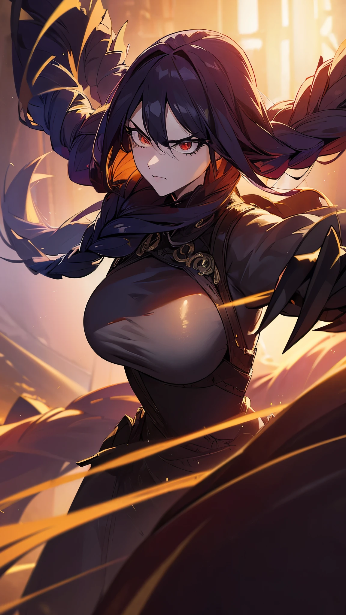 Arrogant girl, elegant dress, ((iron gloves with huge claws)), anime scene, braided hair, hairpins, intense look, dramatic lighting, ornate background, confident stance, fierce expression, strong presence, highly detailed CG, unit, 8K wallpapers, highest quality, high resolution, beautiful lighting, realistic shadow,detailed face Highly,detailed eyes Highly,detailed hair Highly